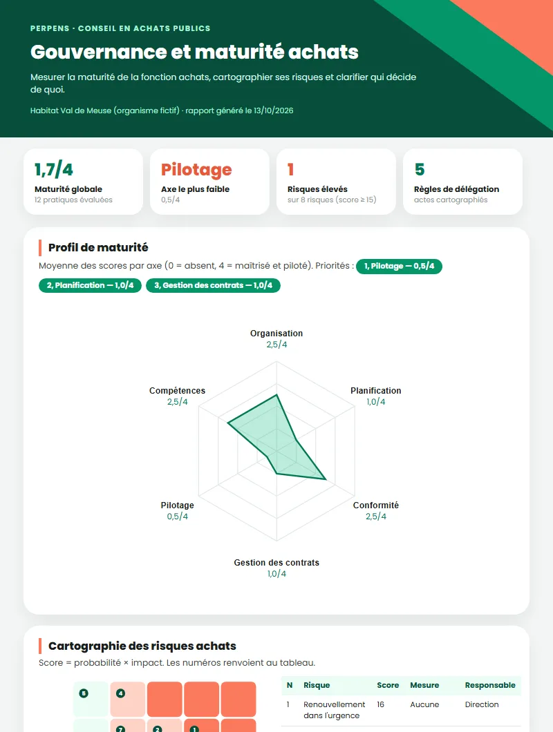 Aperçu du rapport Gouvernance et maturité achats : profil de maturité de la fonction achats et cartographie des risques.