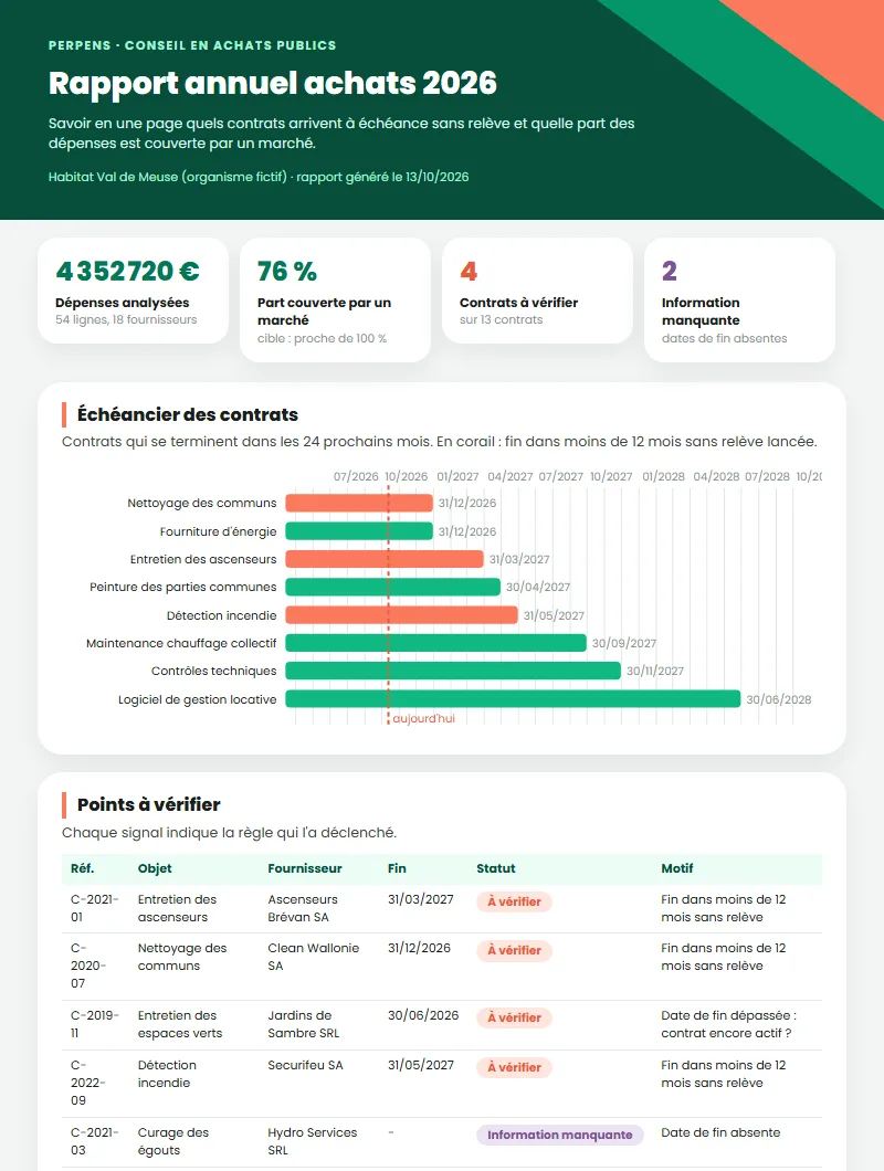 Aperçu du Rapport annuel achats : chiffres clés de l'année, échéancier des contrats et points à vérifier, présentés pour la direction.